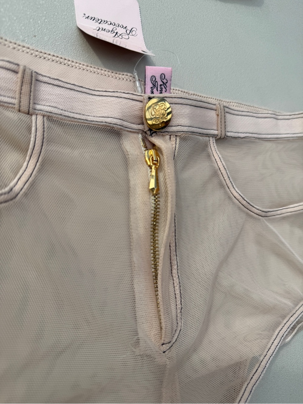 2009 Agent Provocateur Pale Blush Pink Mesh Faux-Denim Bra & Hot Pants Set - Picture 4 of 13